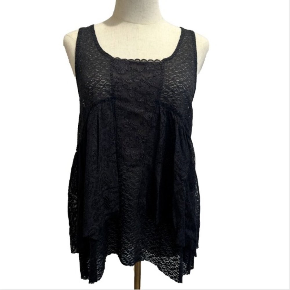 Free People Small‎ Black Sleeveless Blouse Lace Ruffles Stretch Sheer Tank Top